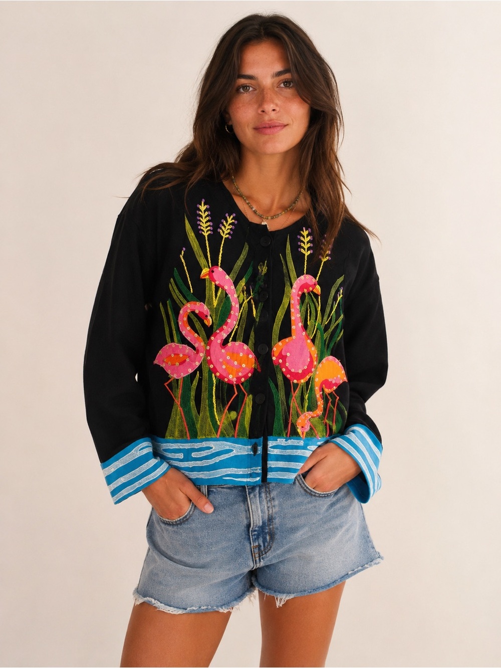 Parsley & Sage Size S Whimsical Embroidered & Sequin Flamingo Button-Down Jacket